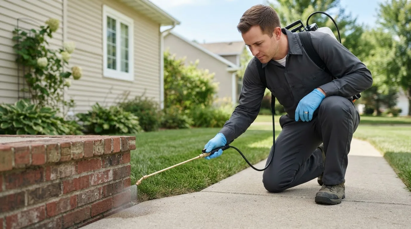 Pest control technician treating a home near Waterloo, IN